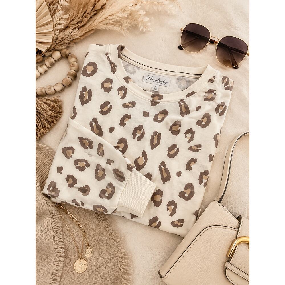 Wonderly Studio Leopard Print Sweatshirt Tunic Top Medium Cream Brown Animal